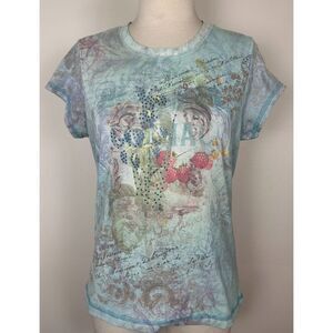 Xcit USA Vtg Top Women Medium Floral Rhinestone T Shirt Y2K Fairy Whimsigoth